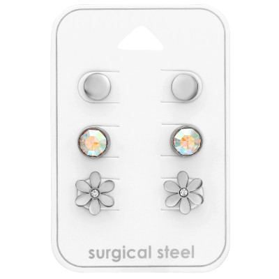 High Polish Jeweled Surgical Steel Round and Flower Ear Studs Set with Crystal on Card