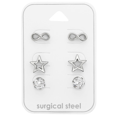 High Polish Surgical Steel Infinite, Star and Round Ear Studs Set with Cubic Zirconia on Card