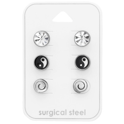 High Polish Surgical Steel Jeweled Yin Yang and Swirl Round Ear Studs Set with Crystal on Card