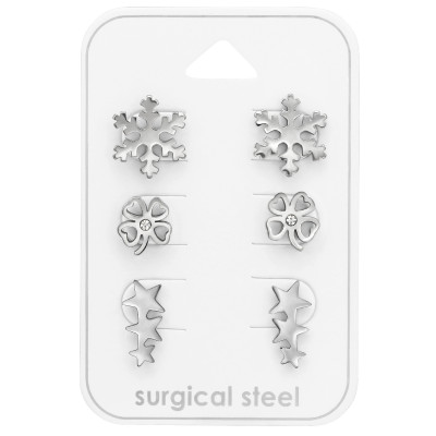 High Polish Surgical Steel Snowflake, Heart Clover and Star Ear Studs Set with Crystal on Card