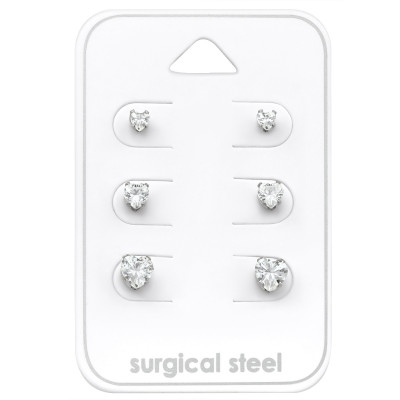 High Polish Surgical Steel Heart Set with Cubic Zirconia on Card