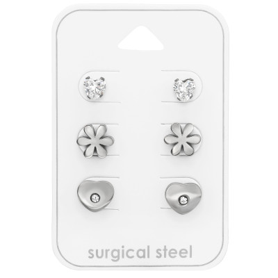 High Polish Surgical Steel Hearts and Flower Ear Studs Set with Cuic Zirconia on Card