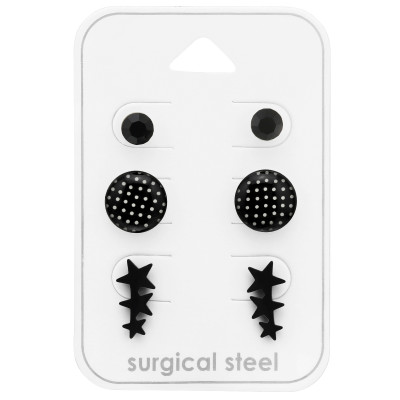 High Polish Black Surgical Steel Round and Triple Star Ear Studs Set with Crystal on Card