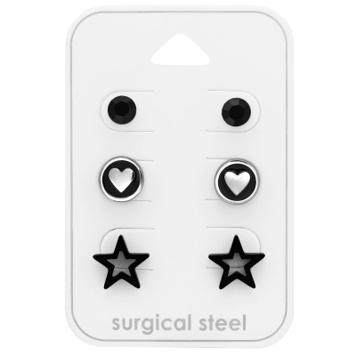 High Polish Black Surgical Steel Round, Heart and Star Ear Studs Set with Crystal on Card