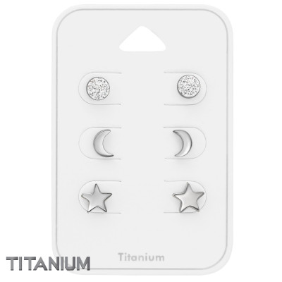 Titanium Round, Crescent Moon and Star Ear Studs Set with Crystal on Card