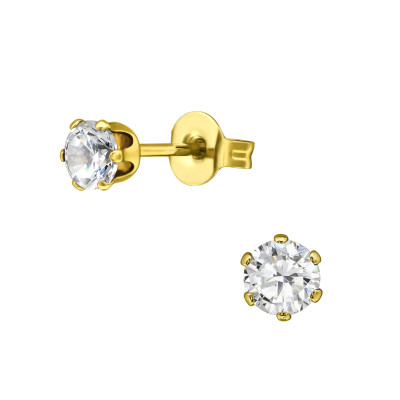 Gold Surgical Steel Round 4mm Ear Studs with Cubic Zirconia