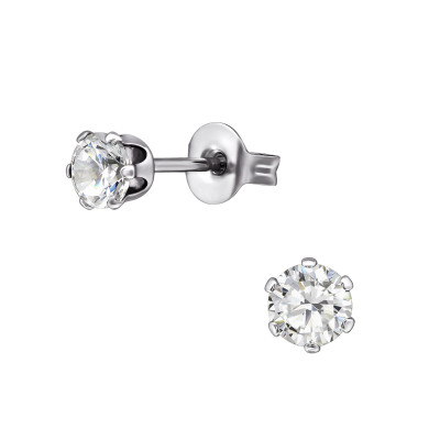 High Polish Surgical Steel Round 4mm Ear Studs with Cubic Zirconia