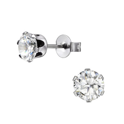 High Polish Stainless Steel Round 6mm Ear Studs with Cubic Zirconia