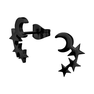 Black Surgical Steel Crescent Moon and Star Ear Studs