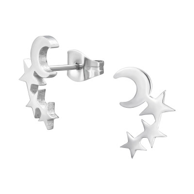 High Polish Surgical Steel Crescent Moon and Star Ear Studs