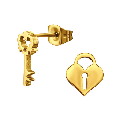 Gold Surgical Steel Key and Padlock Ear Studs