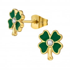 Lucky Clover Stainless Steel Ear Studs with Crystal and Epoxy