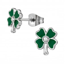 Lucky Clover Stainless Steel Ear Studs with Crystal and Epoxy