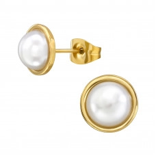 9mm Round Stainless Steel Gold Color Ear Studs with Imitation Pearl
