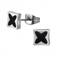 6mm Square with Black Four-Lobed Pattern Stainless Steel Ear Studs