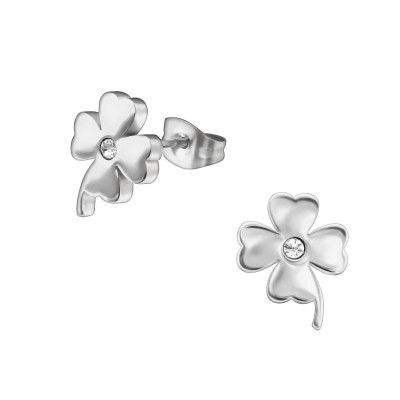 High Polish Surgical Steel Lucky Clover Ear Studs with Crystal