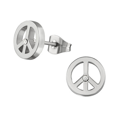 High Polish Surgical Steel Peace Sign Ear Studs with Crystal