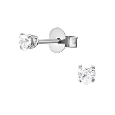 High Polish Surgical Steel Heart 3mm Ear Studs with Cubic Zirconia