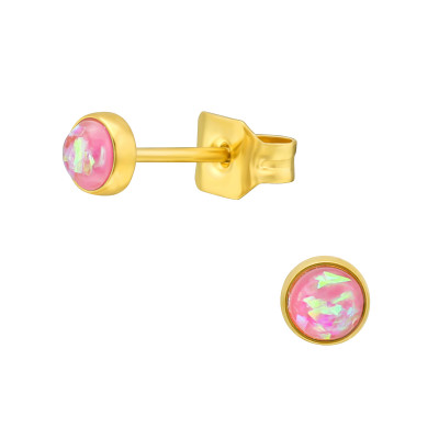 Gold Surgical Steel Round 3mm Ear Studs with Imitation Opal