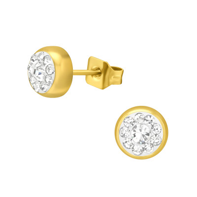 Gold Surgical Steel Round 5mm Ear Studs with Crystal