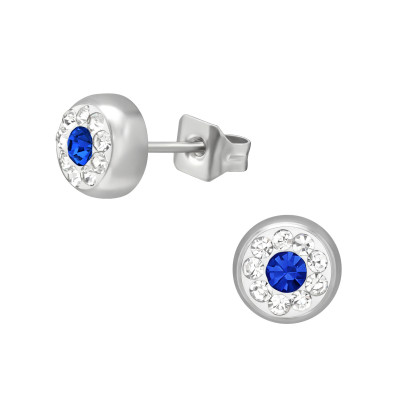 High Polish Surgical Steel Round 5mm Ear Studs with Crystal