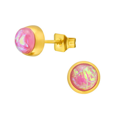 Gold Surgical Steel Round 5mm Ear Studs with Imitation Opal