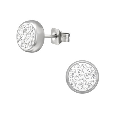 High Polish Surgical Steel Round 6mm Ear Studs with Crystal