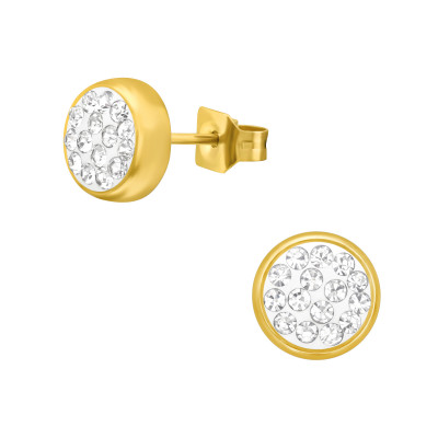 Gold Surgical Steel Round 6mm Ear Studs with Crystal