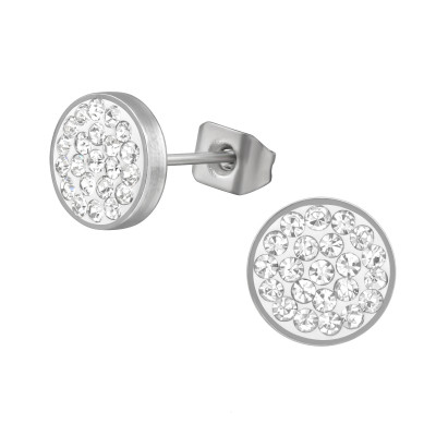 High Polish Surgical Steel Round 8mm Ear Studs with Crystal