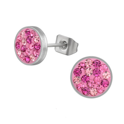 High Polish Surgical Steel Round 8mm Ear Studs with Crystal