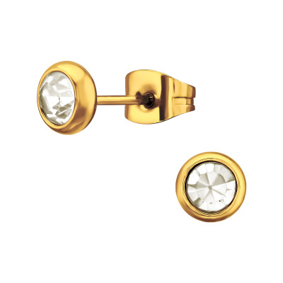 Gold Surgical Steel Round 6.5Mm Ear Studs with Cubic Zirconia