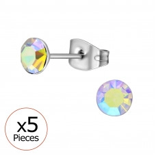 High Polish Surgical Steel 5mm Round X5 Ear Studs with Crystal