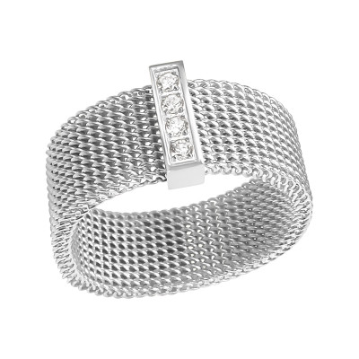 High Polish Surgical Steel Patterned Ring with Crystal