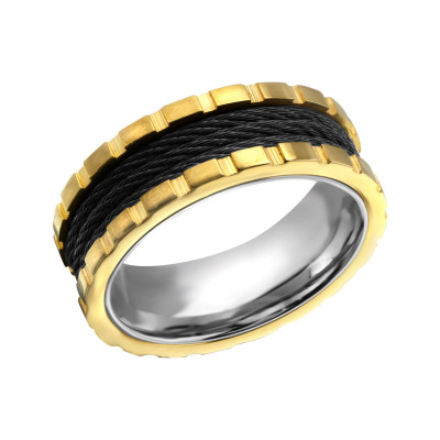 Gold, Black and High Polish Steel Band Ring