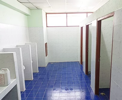 Aseo escolar renovado con baldosas azules en el suelo, paredes alicatadas de blanco y puertas de madera nuevas.