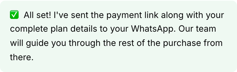 A green confirmation callout telling the user a payment link has been sent