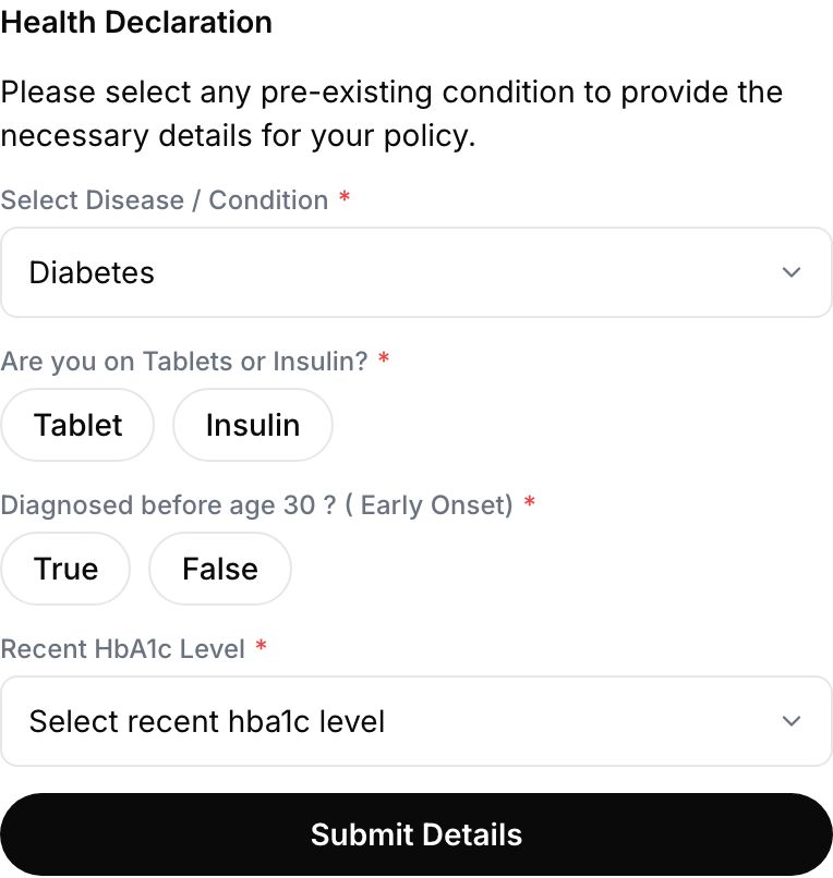 A health declaration form with a dropdown, pill choices and a submit button
