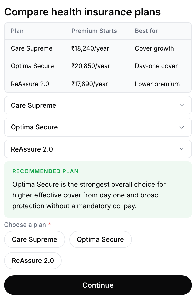 A plan comparison with a table, expandable rows and a recommendation callout