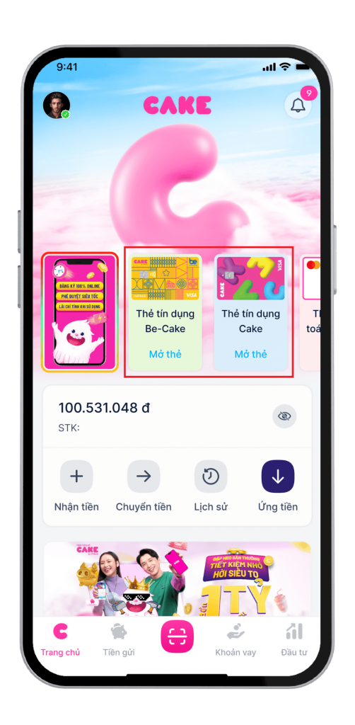 Giao diện quản lý thẻ trên App Cake