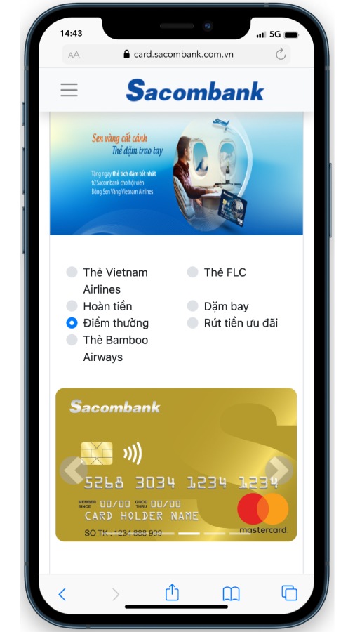 cách đăng ký thẻ tín dụng sacombank visa platinum cashback online