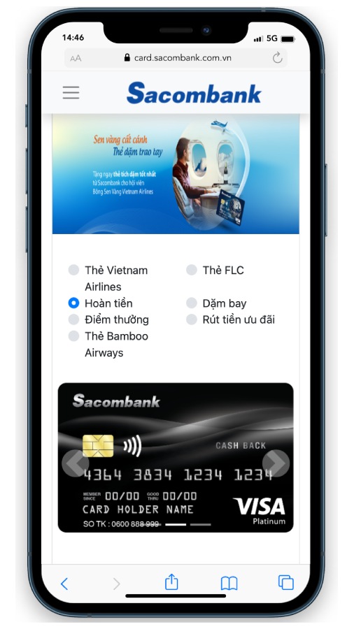 cách đăng ký thẻ tín dụng sacombank visa platinum cashback online