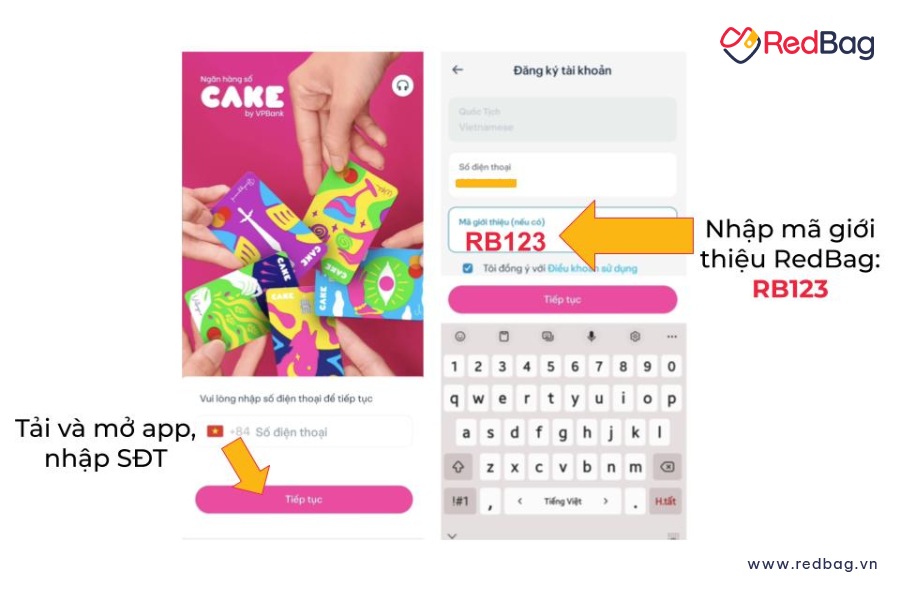 chọn đăng ký ngay app cake bank