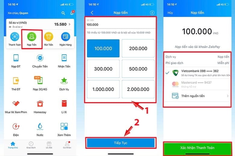 nạp tiền zalo pay trên zalopay