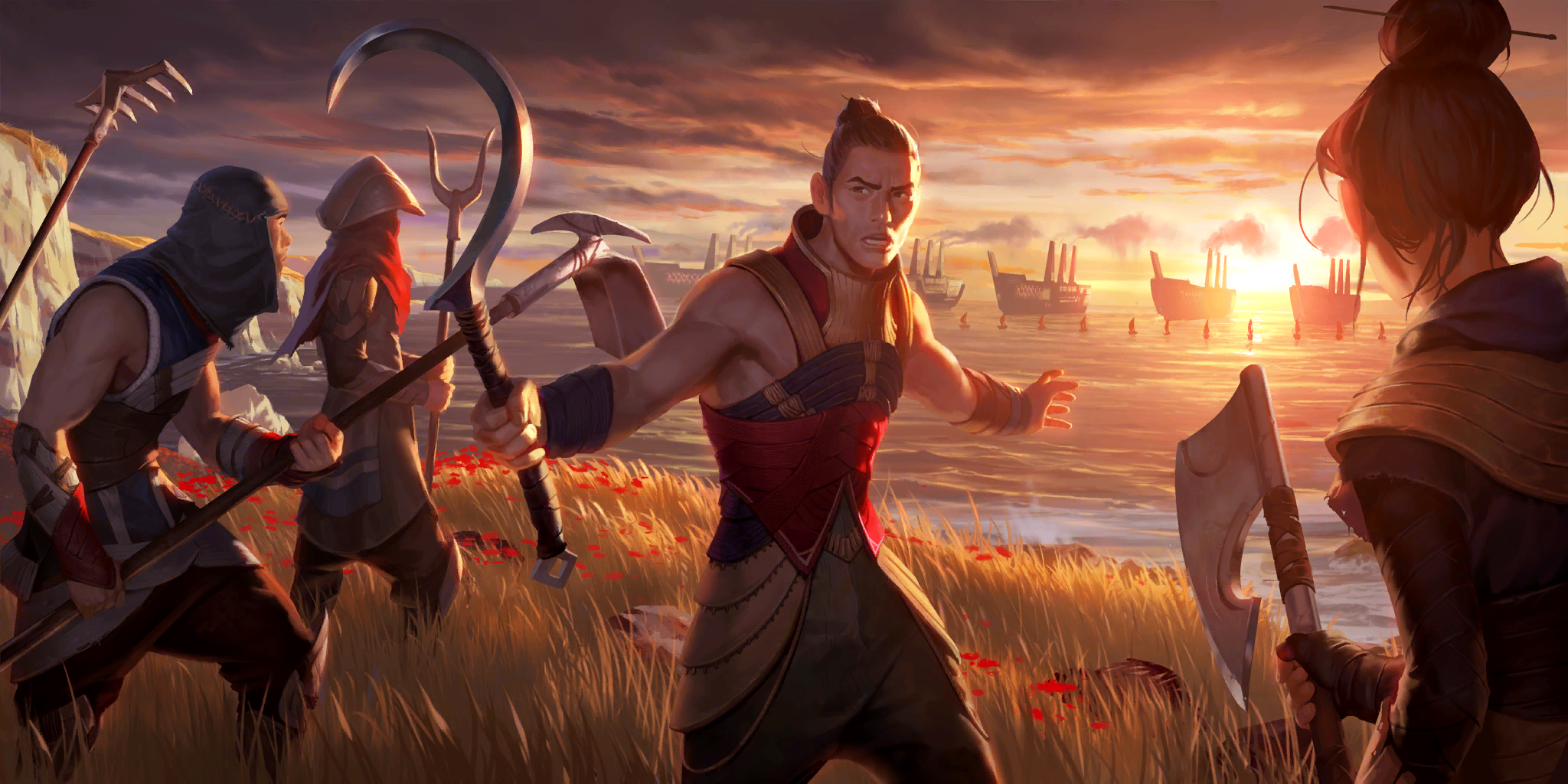 Legends of Runeterra art for Coastal Defender by SIXMOREVODKA: Ionian villagers arming themselves on the shoreline