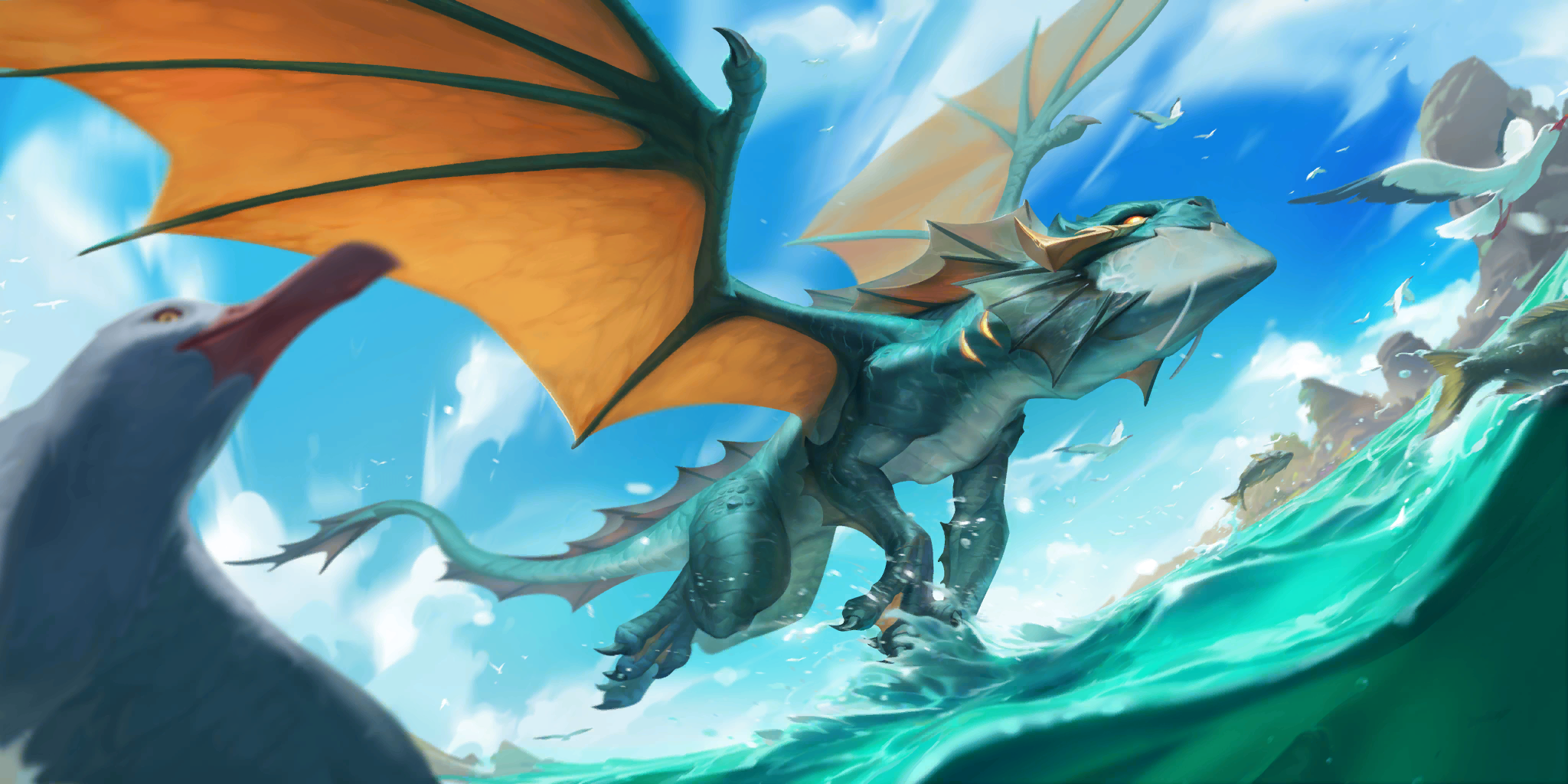 Ocean Drake card art: a drake skimming over the waves