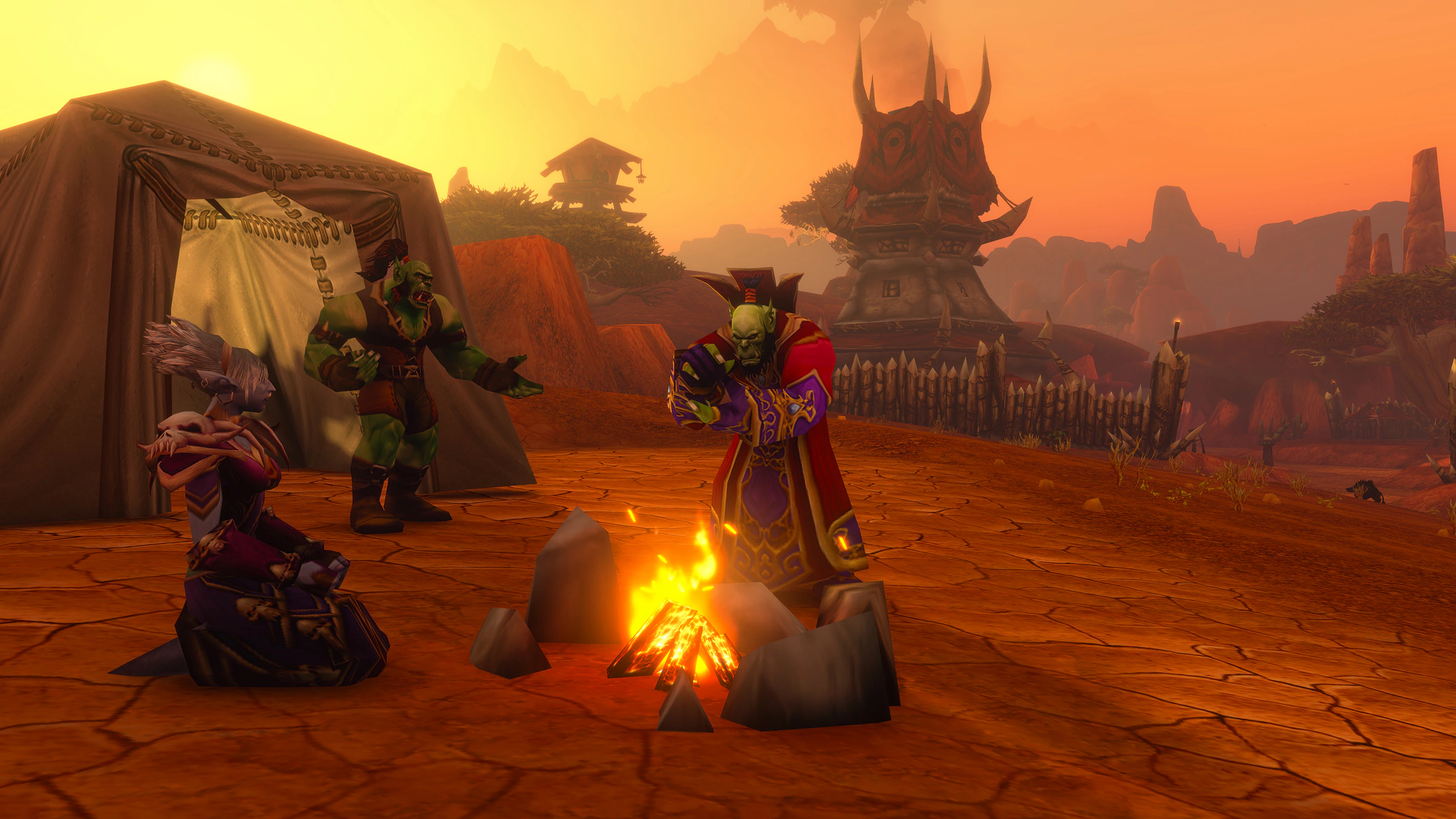 Blizzard's header art for WoW Forever's two-name system: Horde players at a campfire in Durotar (Blizzard Entertainment)