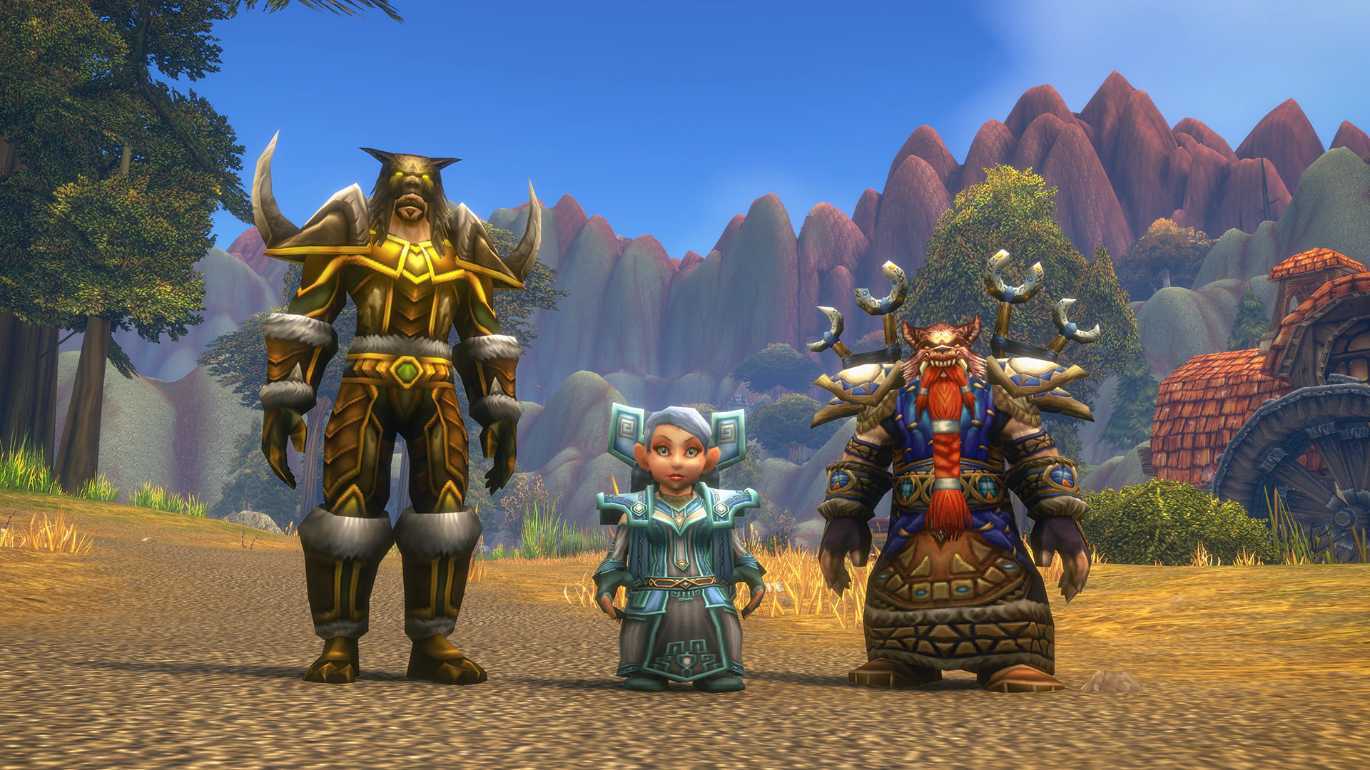 A Human Hunter, a Gnome Priest and a Dwarf Shaman, a ready-made group in Blizzard's official World of Warcraft: Forever art (Blizzard Entertainment)
