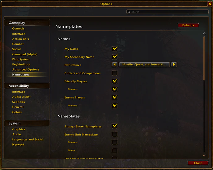 WoW Forever's Nameplates options with the new 'My Secondary Name' toggle (Blizzard Entertainment)