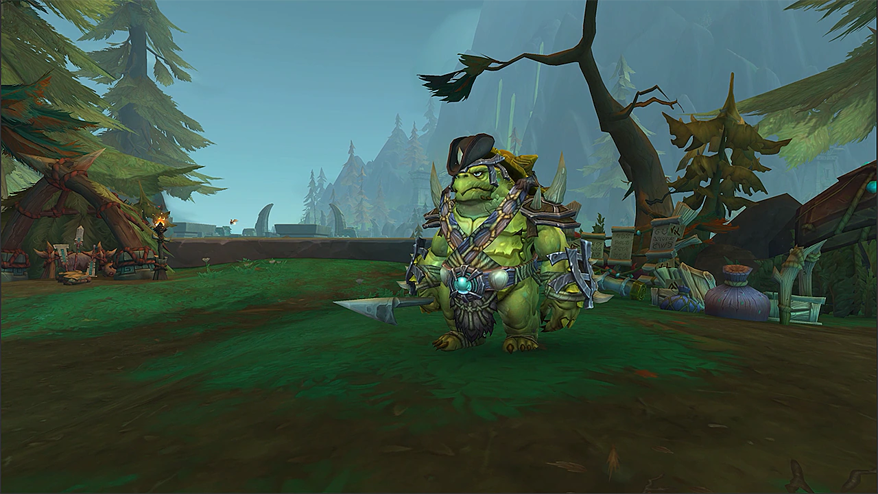 A polearm-carrying tortollan stands guard in one of the Coiled Isle's troll settlements (Blizzard Entertainment)