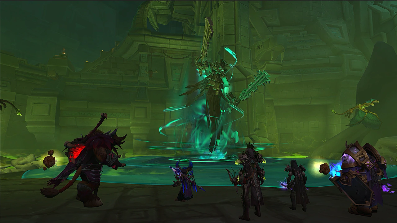A five-player group squares off against a hovering spectral construct in a green-lit temple chamber (Blizzard Entertainment)